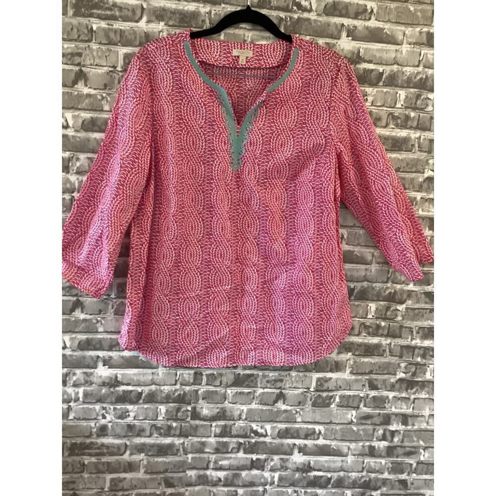 Talbots Pink Patterned V-Neck Tunic 100% Cotton, Size M/P, Resort, Summer